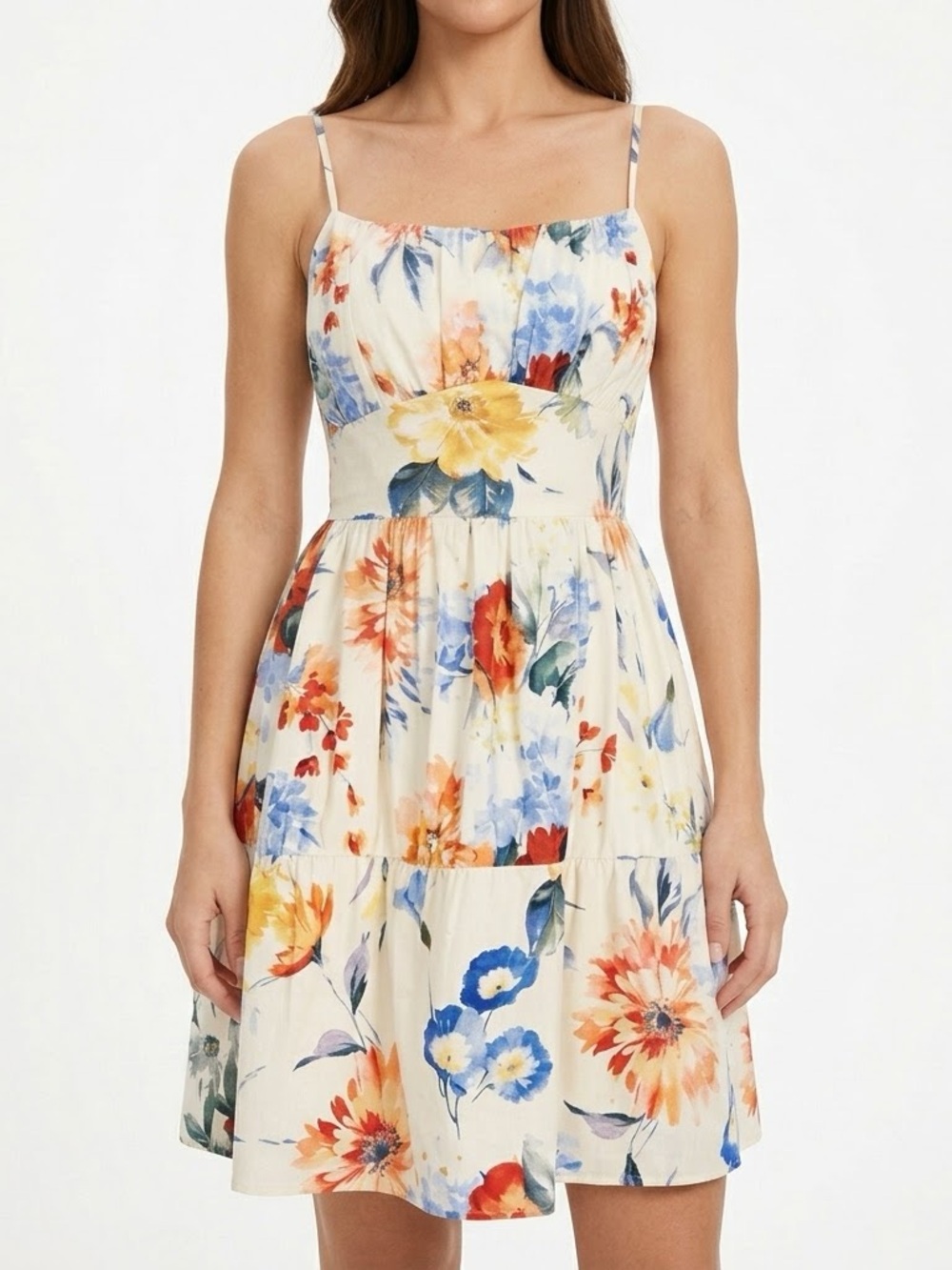 Express Cream Floral Spaghetti-Strap Mini Dress Cotton